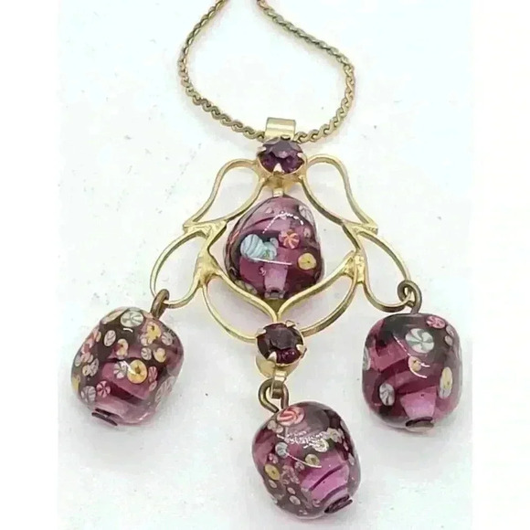 Vintage MCM Japanese Tombo Millefiori Art Glass Bead Necklace 14k Gold Plate - Picture 2 of 10